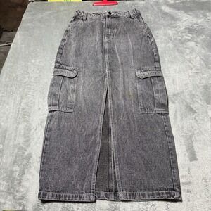 LOVE, FIRE Women's Size 3‎ Denim Maxi Skirt Front Slit Cargo Gray Grunge Y2K